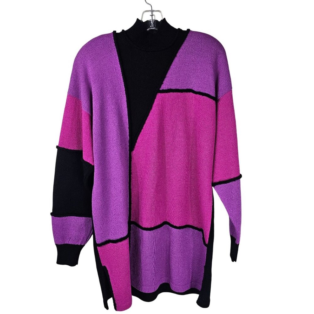 Vintage Antonella Preve Knit Sweater Tunic L Black Purple‎ Pink Artsy 80s Retro